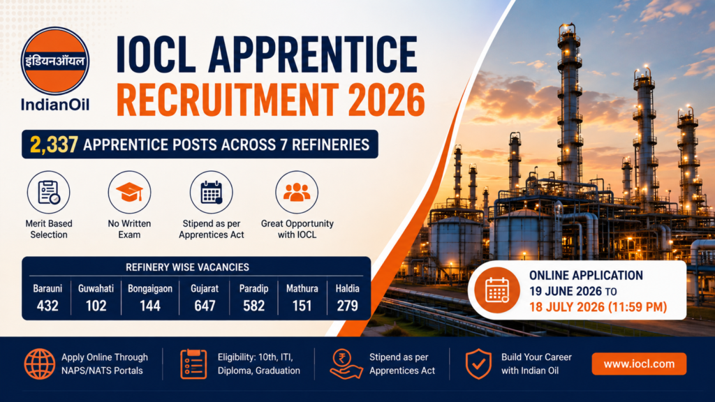 IOCL Apprentice Recruitment 2026 for 2,337 posts across seven refineries