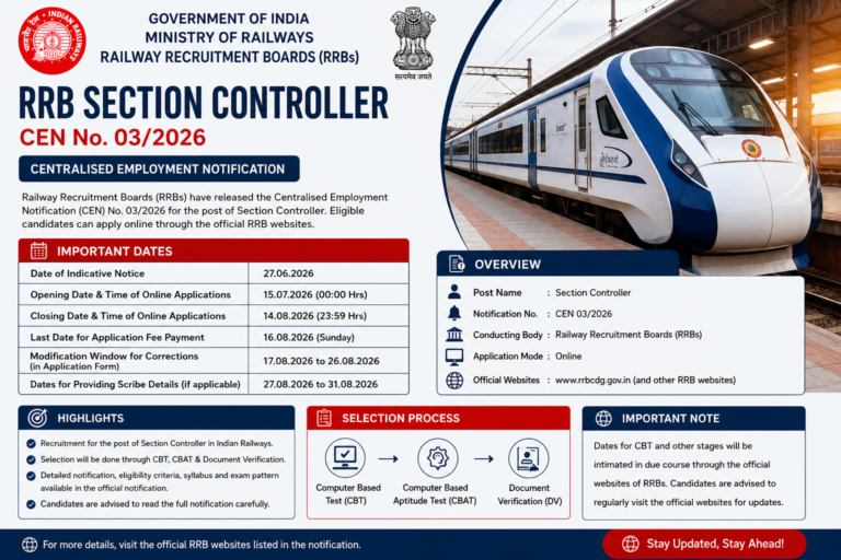 RRB Section Controller Recruitment 2026 for 119 vacancies