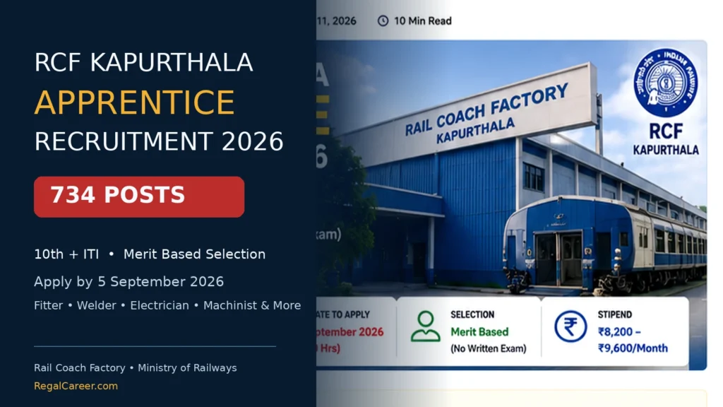RCF Kapurthala Apprentice Recruitment 2026 for 734 Act Apprentice seats in Rail Coach Factory