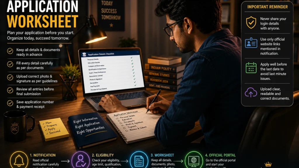 Government job application workflow from notification and eligibility to worksheet and official portal