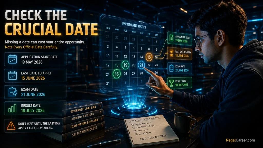 Government job candidate checking the crucial date and important recruitment deadlines on a futuristic calendar