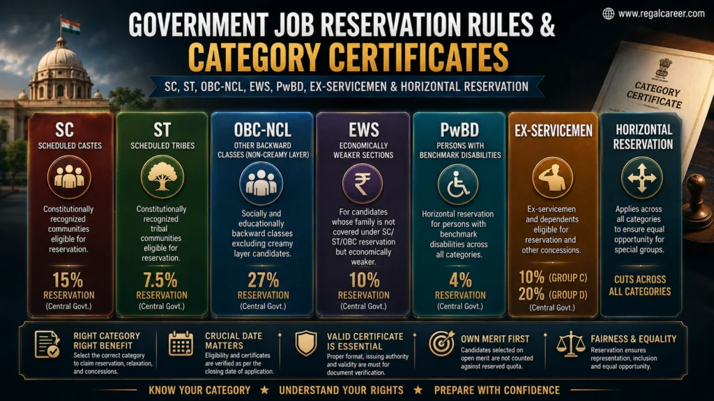 Government job reservation categories including SC ST OBC NCL EWS PwBD and ex servicemen