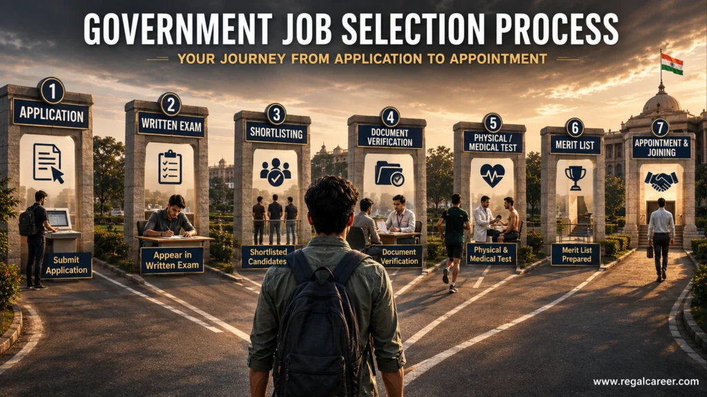Government job selection stages from application and written exam to merit list and joining