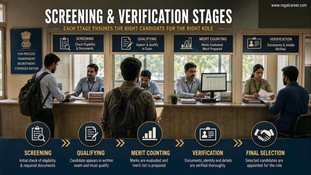 Screening qualifying merit counting and verification stages in government job recruitment