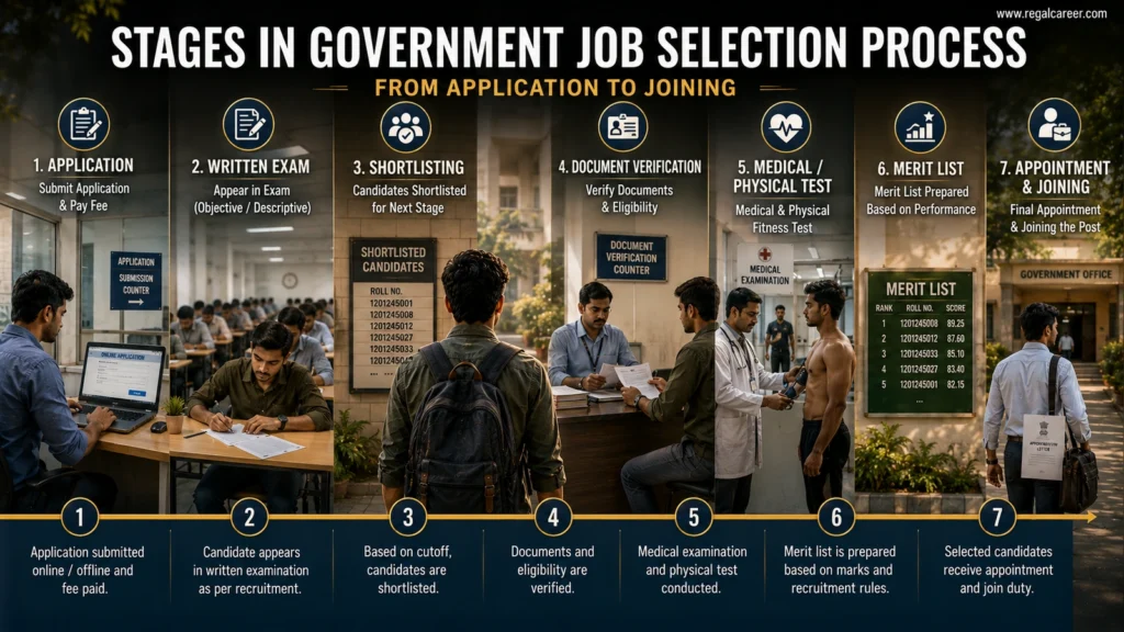 Government job recruitment stages from application to document verification medical merit and appointment