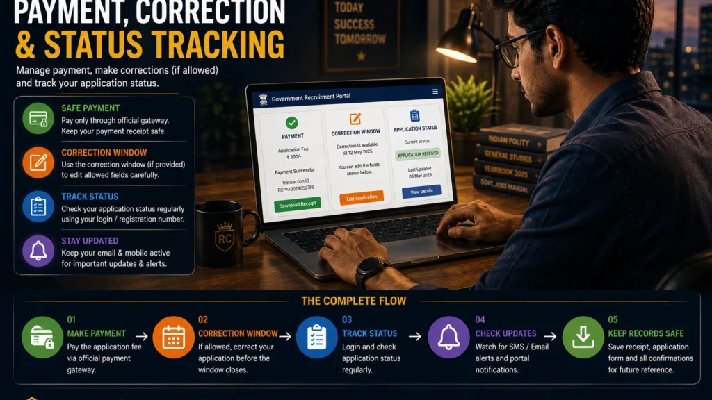 Government job application payment correction window and submission status tracking