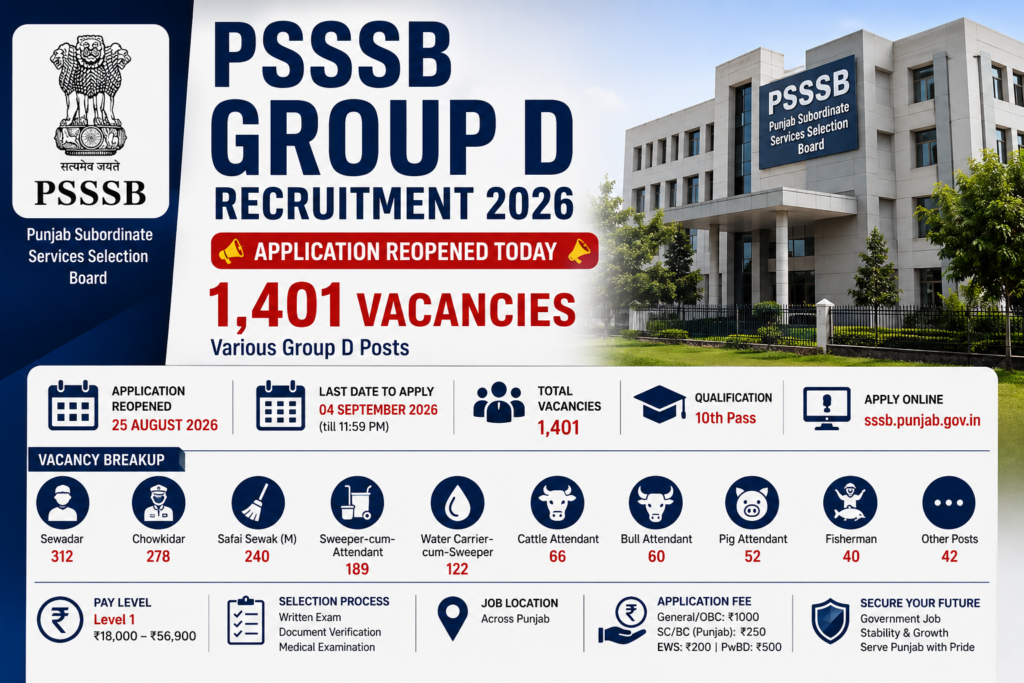 PSSSB Group D Recruitment 2026 for 1401 vacancies