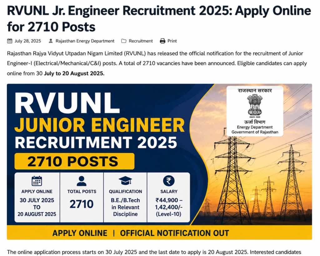 RVUNL Recruitment 2026 for 2,005 Junior Engineer, Accountant and Assistant posts