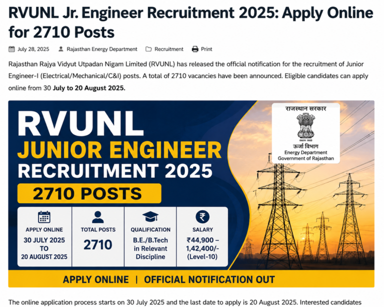 RVUNL Recruitment 2026 for 2,005 Junior Engineer, Accountant and Assistant posts