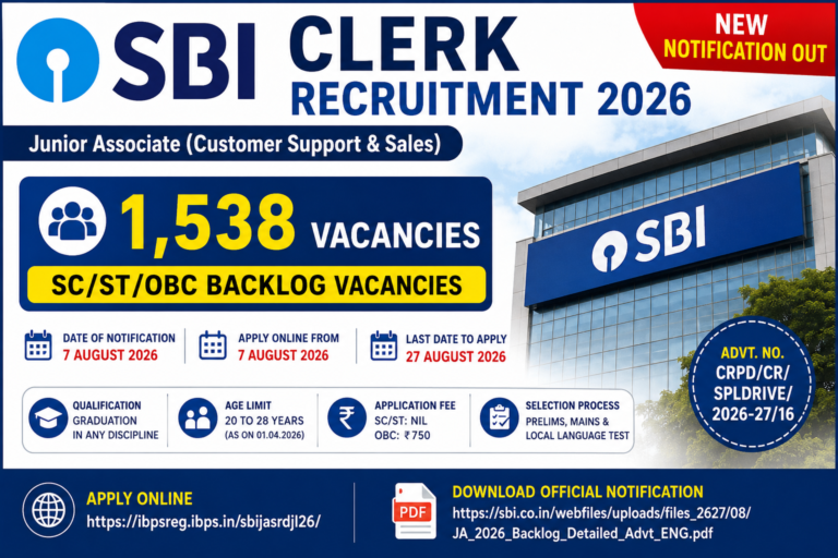SBI Clerk Recruitment 2026 notification for 1,538 Junior Associate backlog vacancies